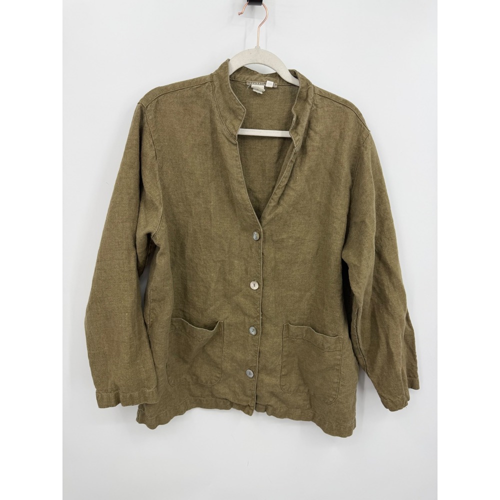 Isabella Bird Linen Button Front Jacket Womens Large Olive Green Patch Pockets